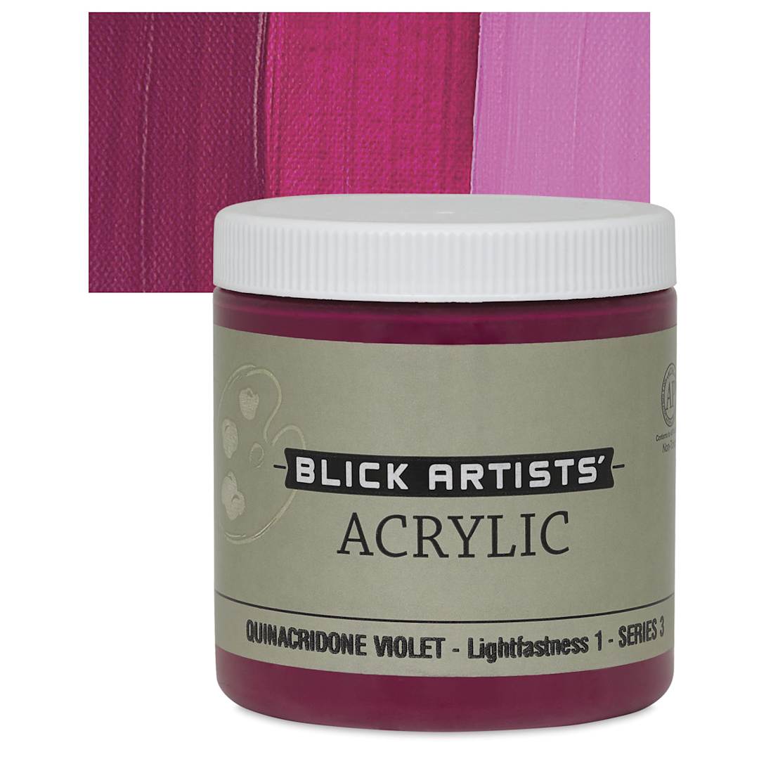 Open in modal - Blick Artists' Acrylic - Quinacridone Violet, 8 oz jar and swatch