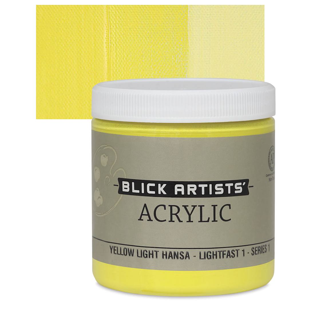 Open in modal - Blick Artists' Acrylic - Yellow Light Hansa, 8 oz jar and swatch