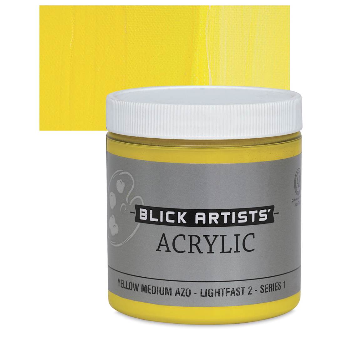 Open in modal - Blick Artists' Acrylic - Yellow Medium Azo, 8 oz jar and swatch