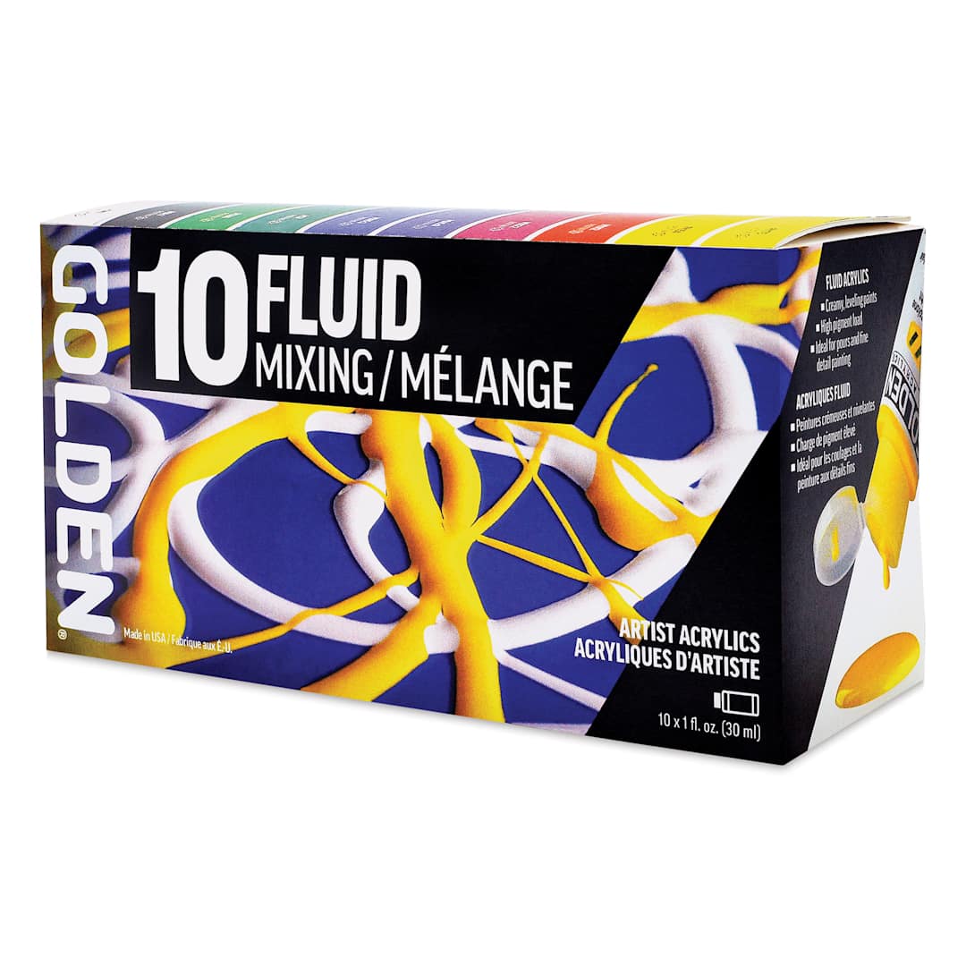 Open in modal - Golden Fluid Acrylics - Mixing Colors, Set of 10, 30 ml front of box