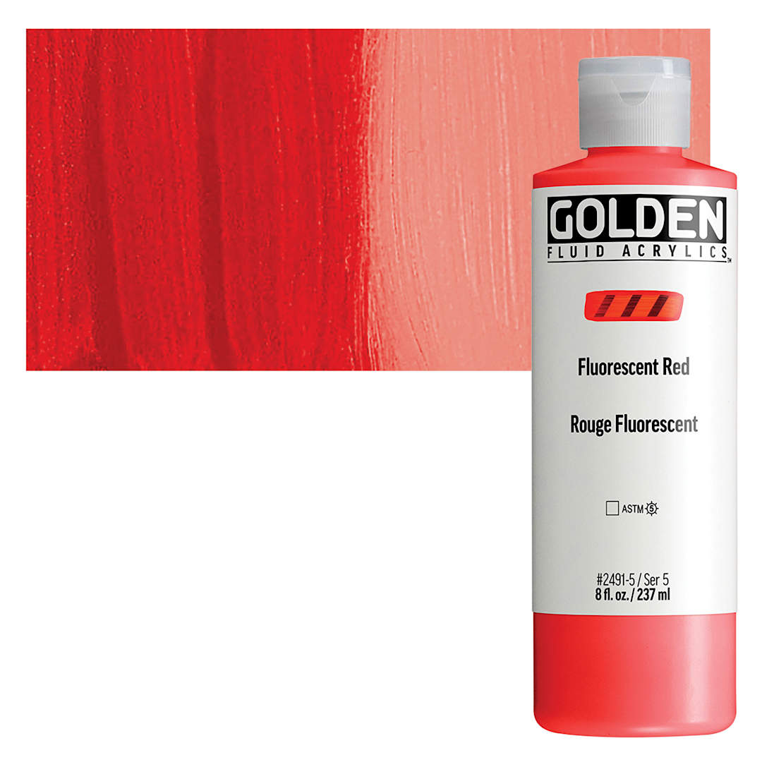 Open in modal - Golden Fluid Acrylic - Fluorescent Red, 8 oz Bottle and swatch