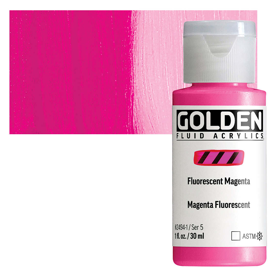 Open in modal - Golden Fluid Acrylic - Fluorescent Magenta, 1 oz bottle and swatch
