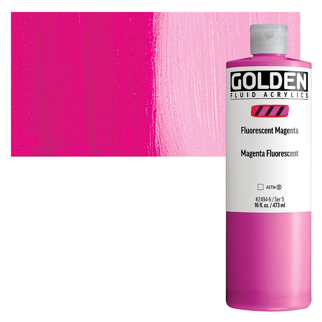 Open in modal - Golden Fluid Acrylic - Fluorescent Magenta, 16 oz Bottle and swatch
