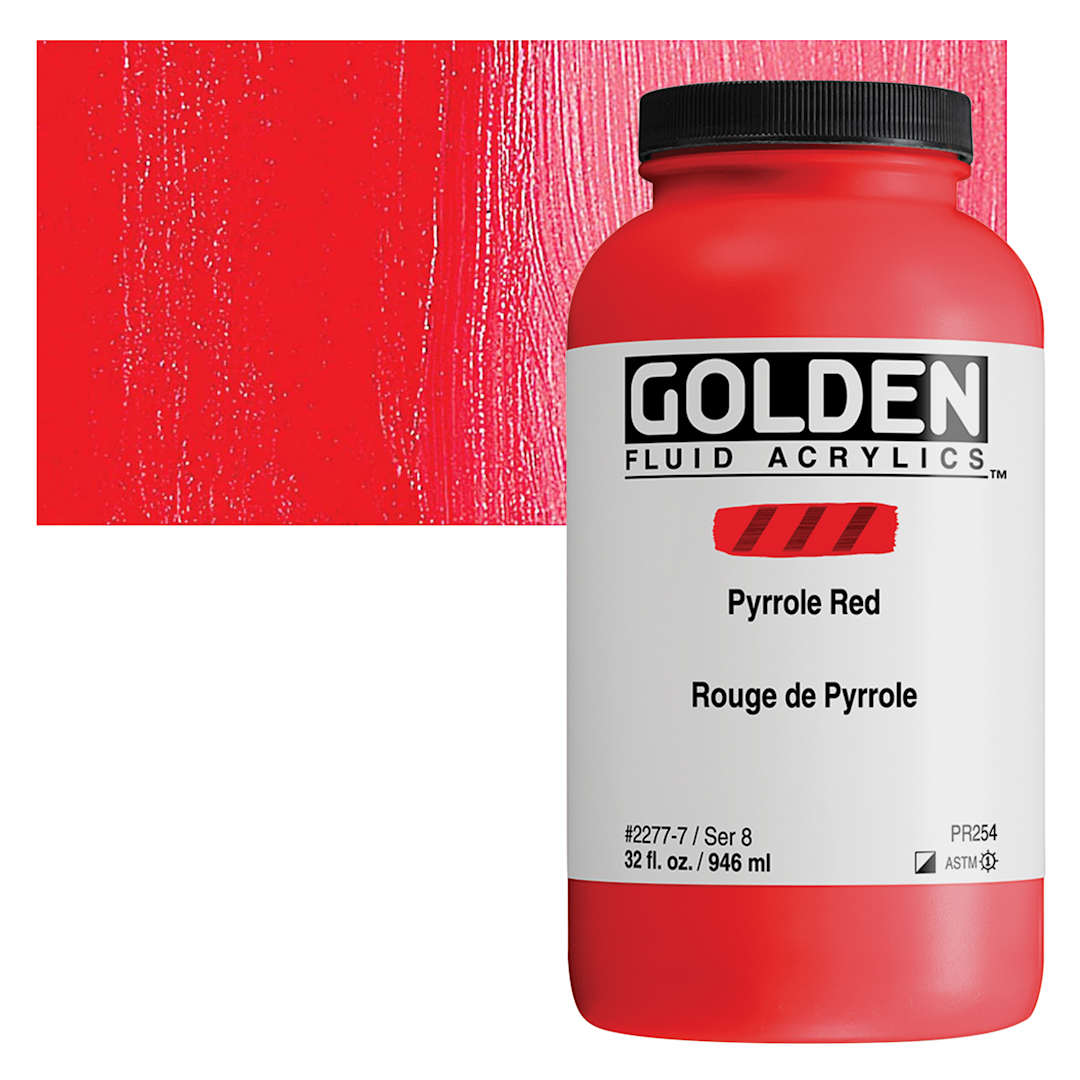 Open in modal - Golden Fluid Acrylic - Pyrrole Red, 32 oz bottle and swatch