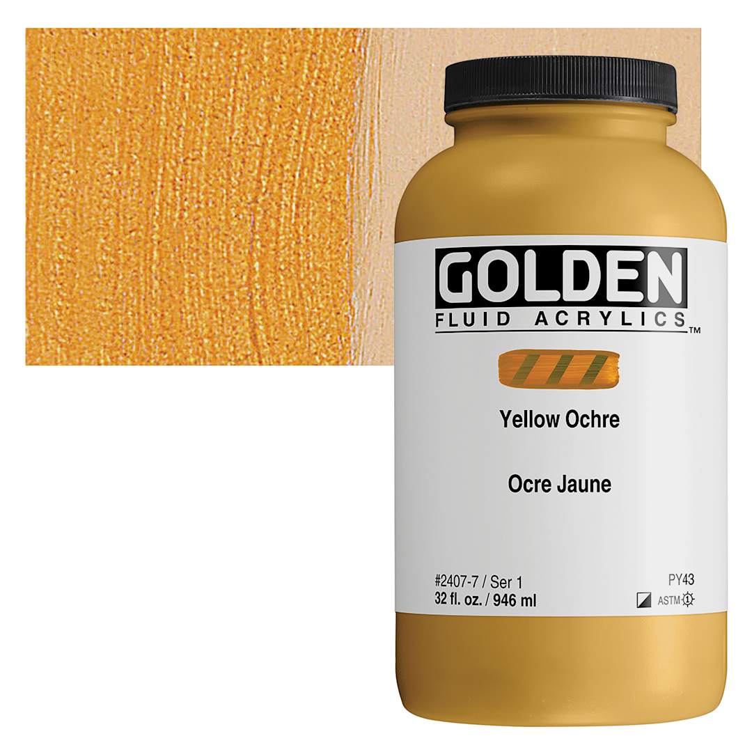 Open in modal - Golden Fluid Acrylic - Yellow Ochre, 32 oz bottle and swatch