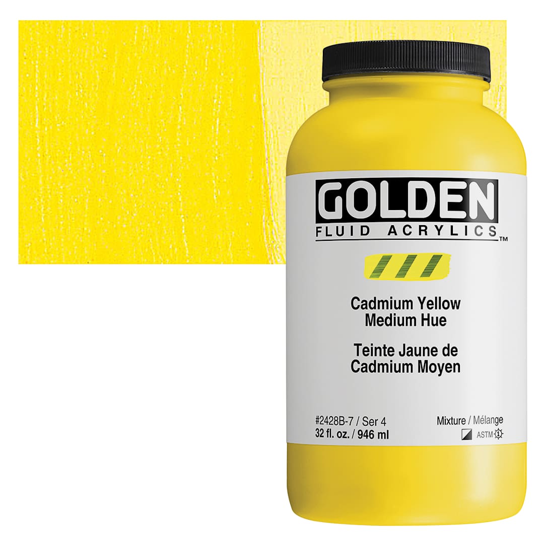 Open in modal - Golden Fluid Acrylic - Cadmium Yellow Medium Hue, 32 oz bottle and swatch
