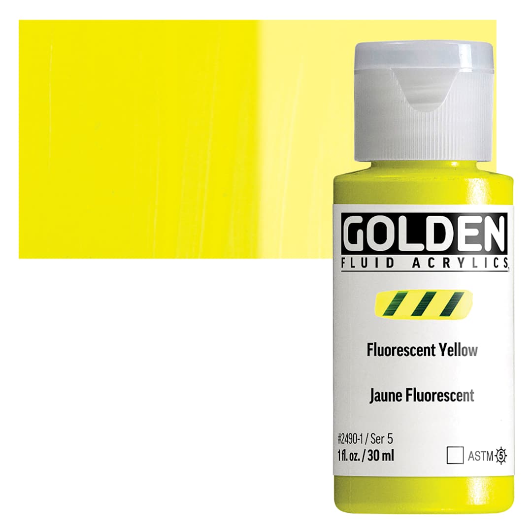 Open in modal - Golden Fluid Acrylic - Fluorescent Yellow, 1 oz bottle and swatch