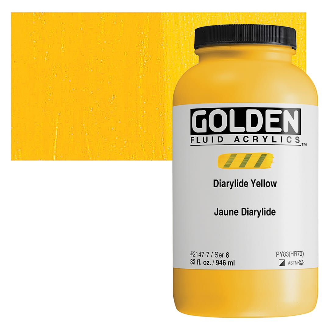 Open in modal - Golden Fluid Acrylic - Diarylide Yellow, 32 oz bottle and swatch
