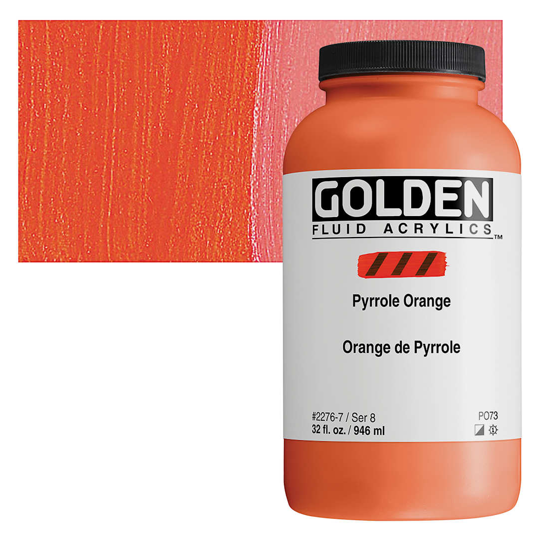 Open in modal - Golden Fluid Acrylic - Pyrrole Orange, 32 oz bottle and swatch