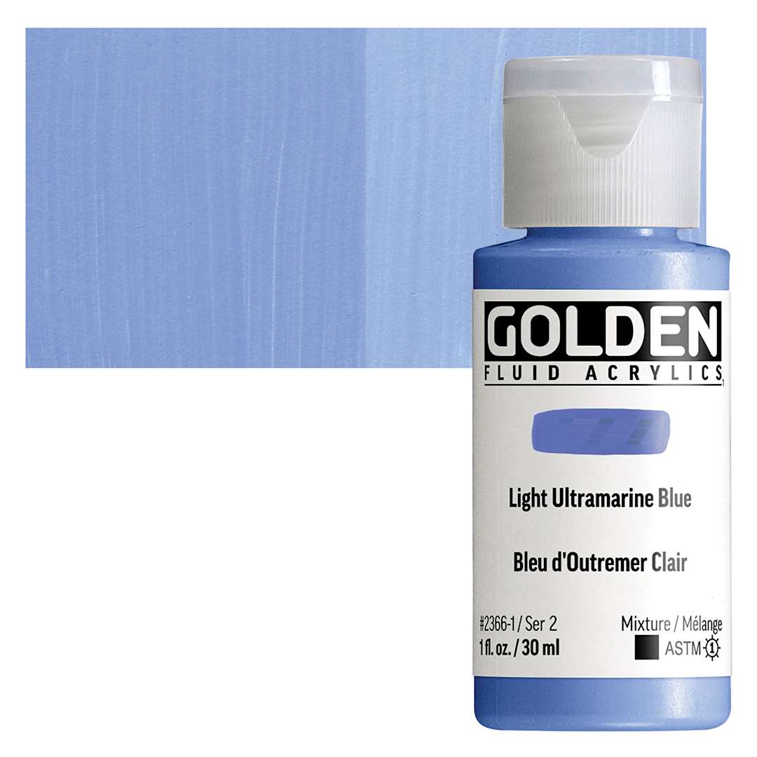 Open in modal - Golden Fluid Acrylic - Light Ultramarine Blue, 4 oz bottle and swatch