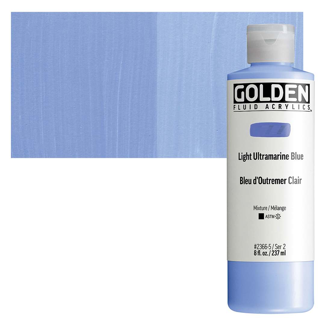 Open in modal - Golden Fluid Acrylic - Light Ultramarine Blue, 8 oz bottle and swatch