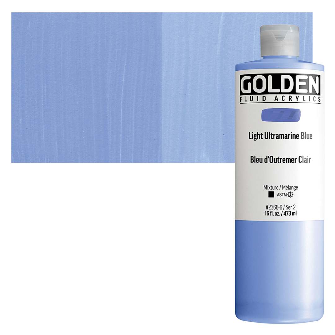 Open in modal - Golden Fluid Acrylic - Light Ultramarine Blue, 16 oz bottle and swatch
