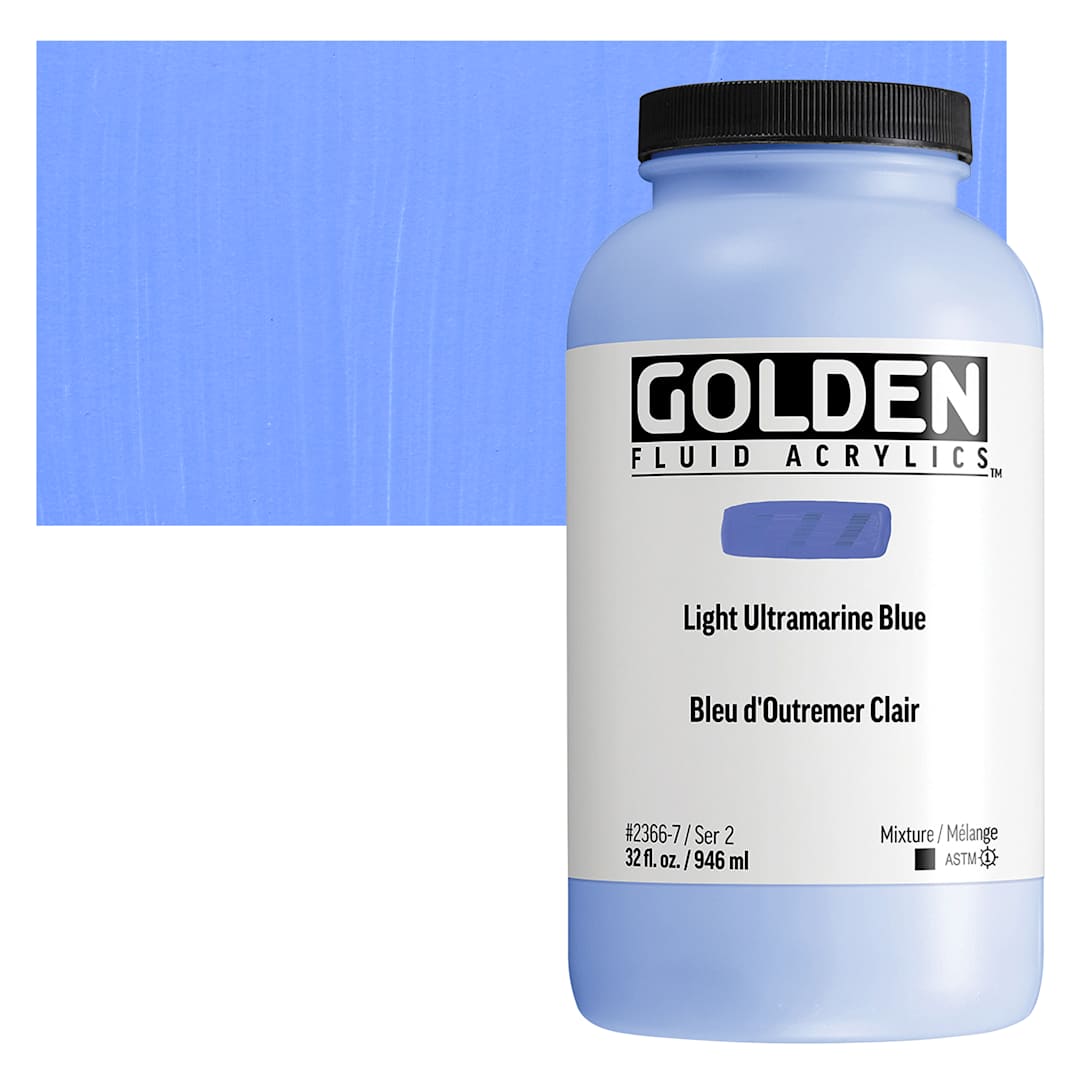 Open in modal - Golden Fluid Acrylic - Light Ultramarine Blue, 32 oz bottle and swatch