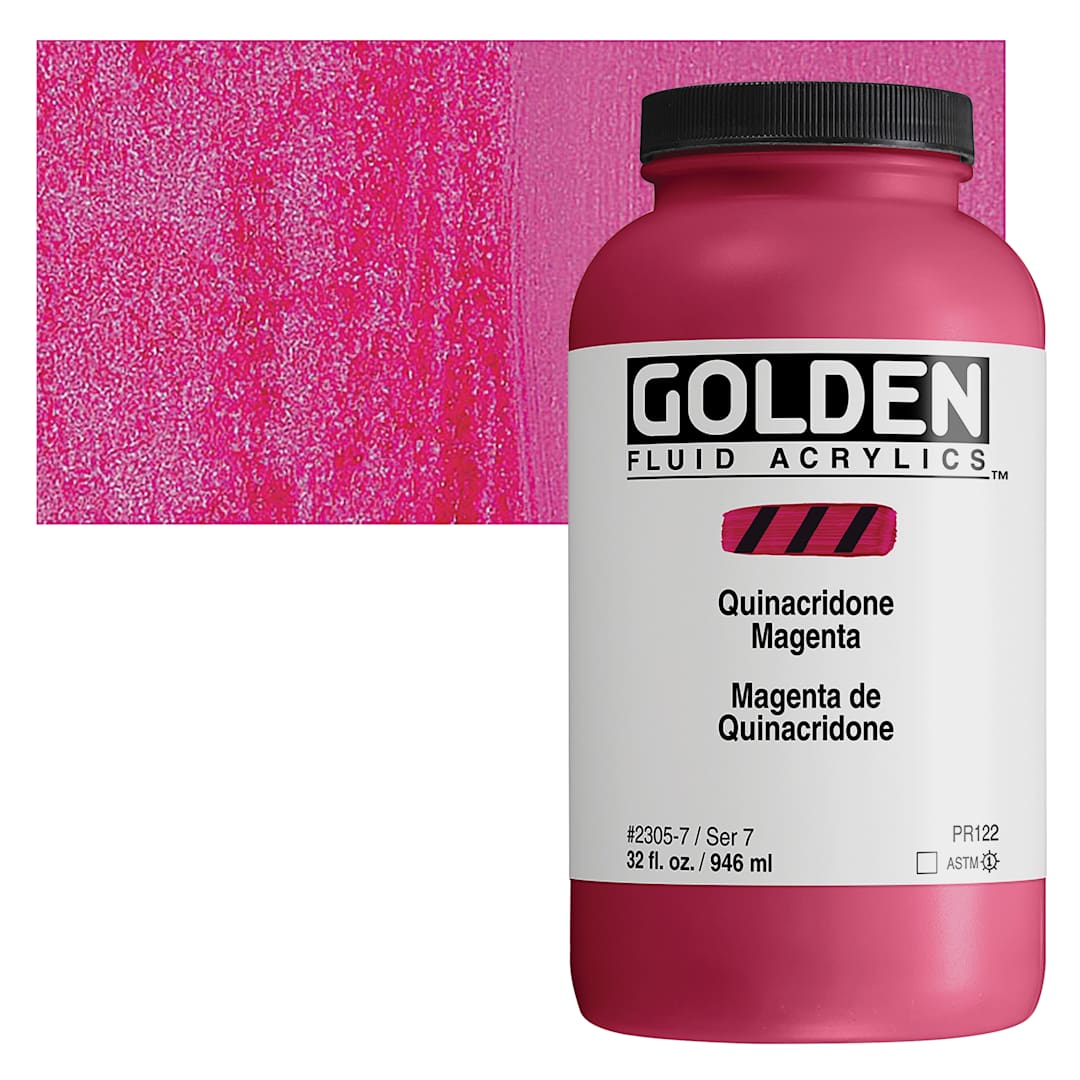 Open in modal - Golden Fluid Acrylic - Quinacridone Magenta, 32 oz bottle and swatch