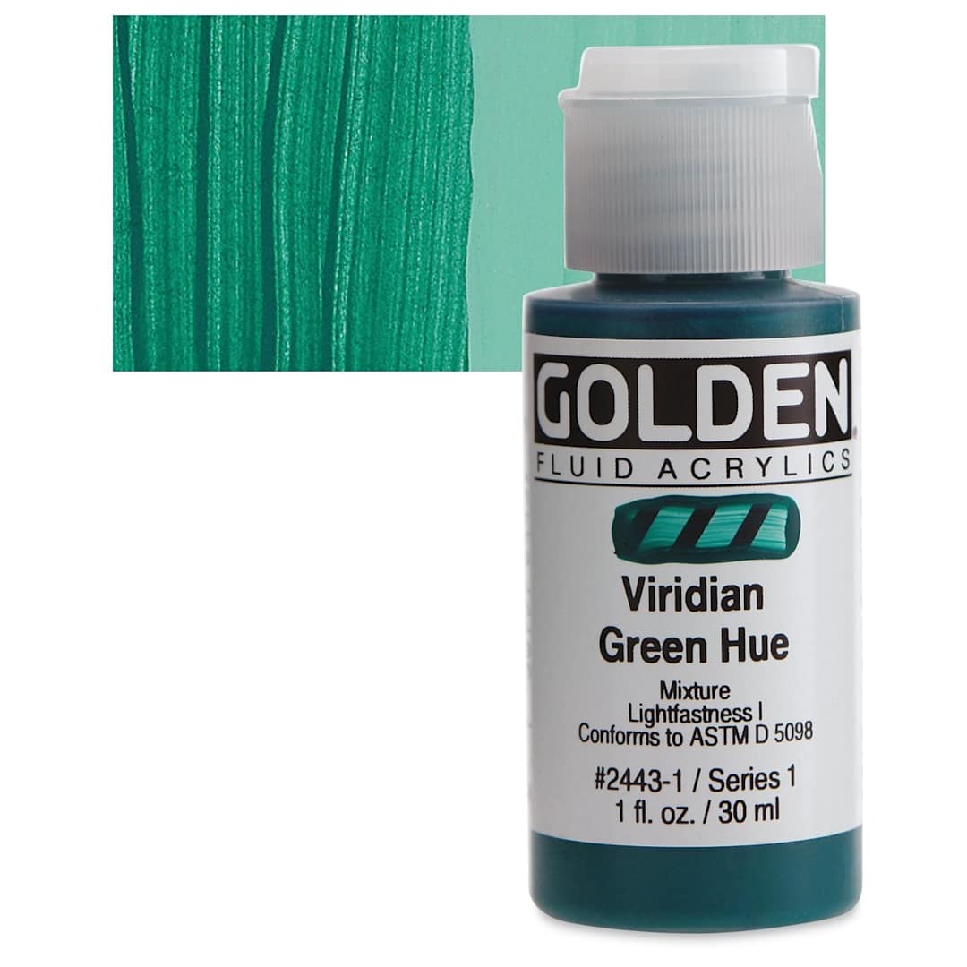 Open in modal - Golden Fluid Acrylic - Viridian Green Historical Hue, 1 oz bottle and swatch
