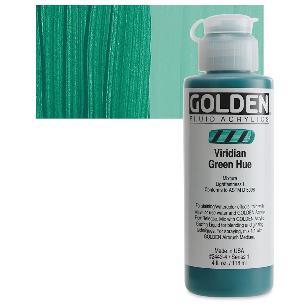 Open in modal - Golden Fluid Acrylic - Viridian Green Historical Hue, 4 oz bottle and swatch