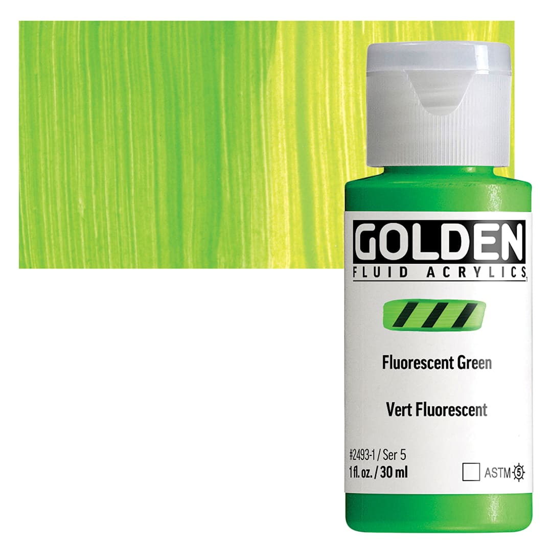 Open in modal - Golden Fluid Acrylic - Fluorescent Green, 1 oz bottle and swatch