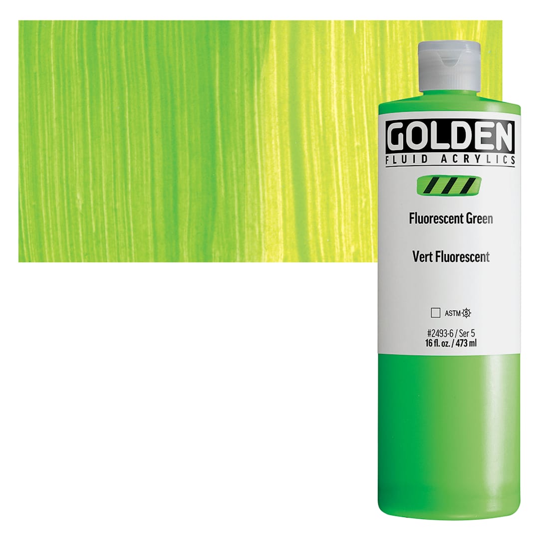 Open in modal - Golden Fluid Acrylic - Fluorescent Green, 16 oz Bottle and swatch