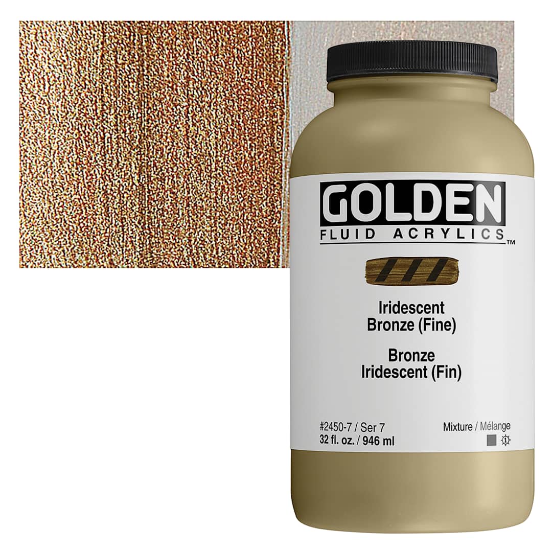 Open in modal - Golden Fluid Acrylic - Iridescent Bronze (Fine), 32 oz bottle and swatch