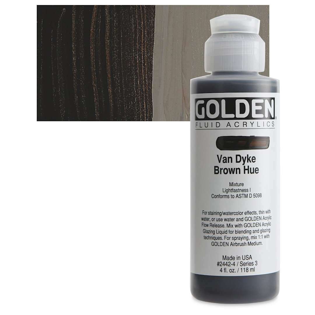 Open in modal - Golden Fluid Acrylic - Van Dyke Brown Historical Hue, 4 oz bottle and swatch