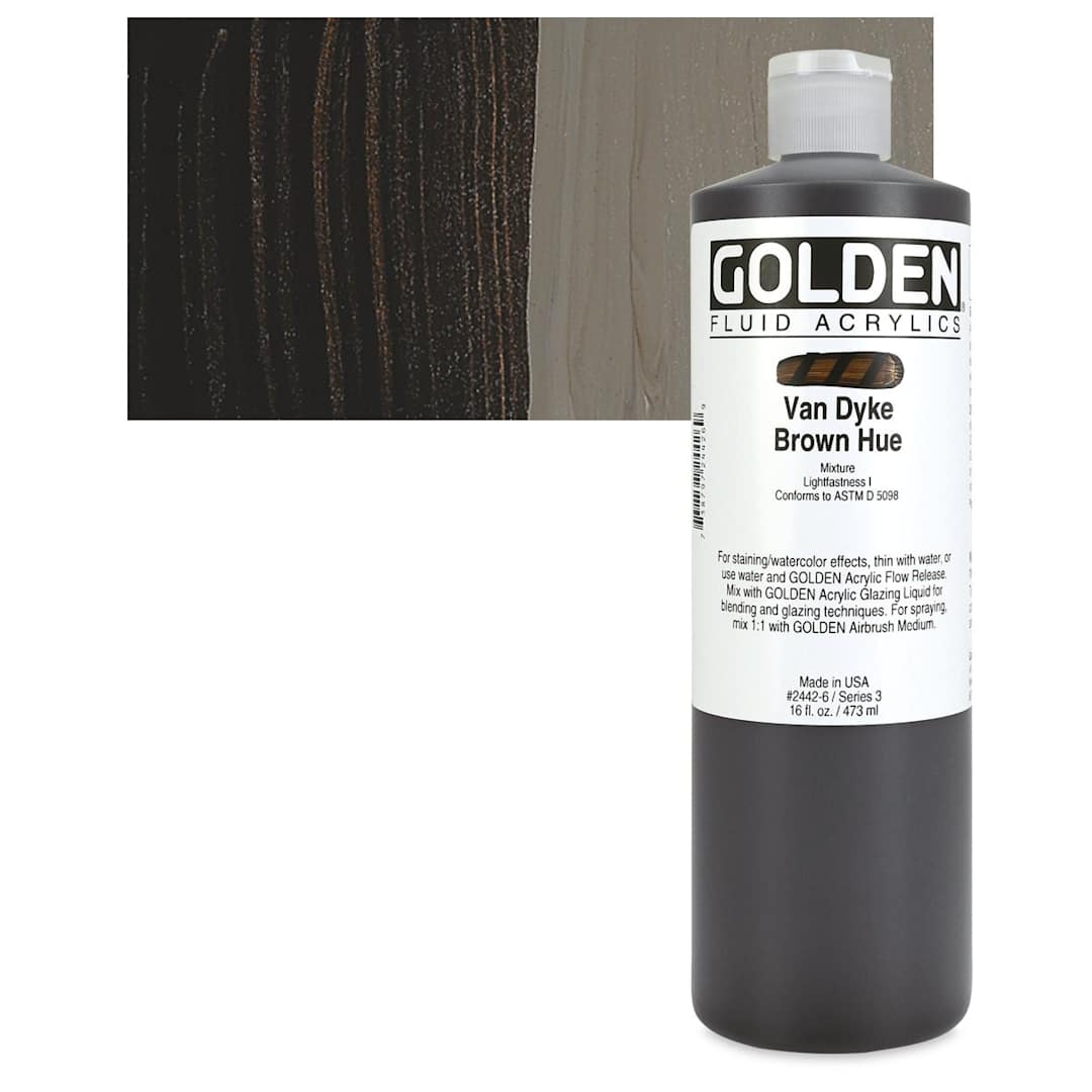 Open in modal - Golden Fluid Acrylic - Van Dyke Brown Historical Hue, 16 oz bottle and swatch