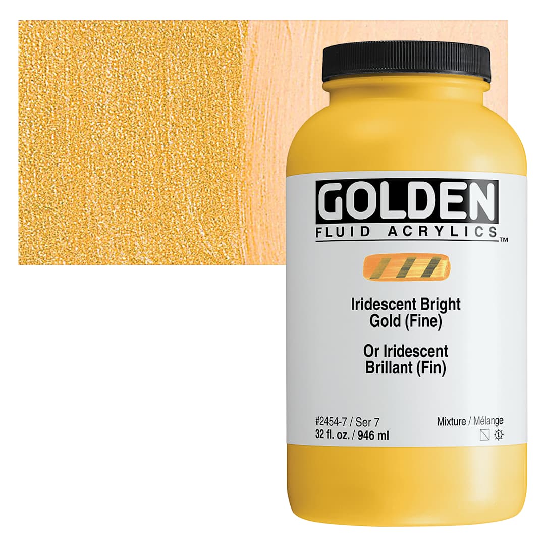 Open in modal - Golden Fluid Acrylic - Iridescent Bright Gold (Fine), 32 oz bottle and swatch