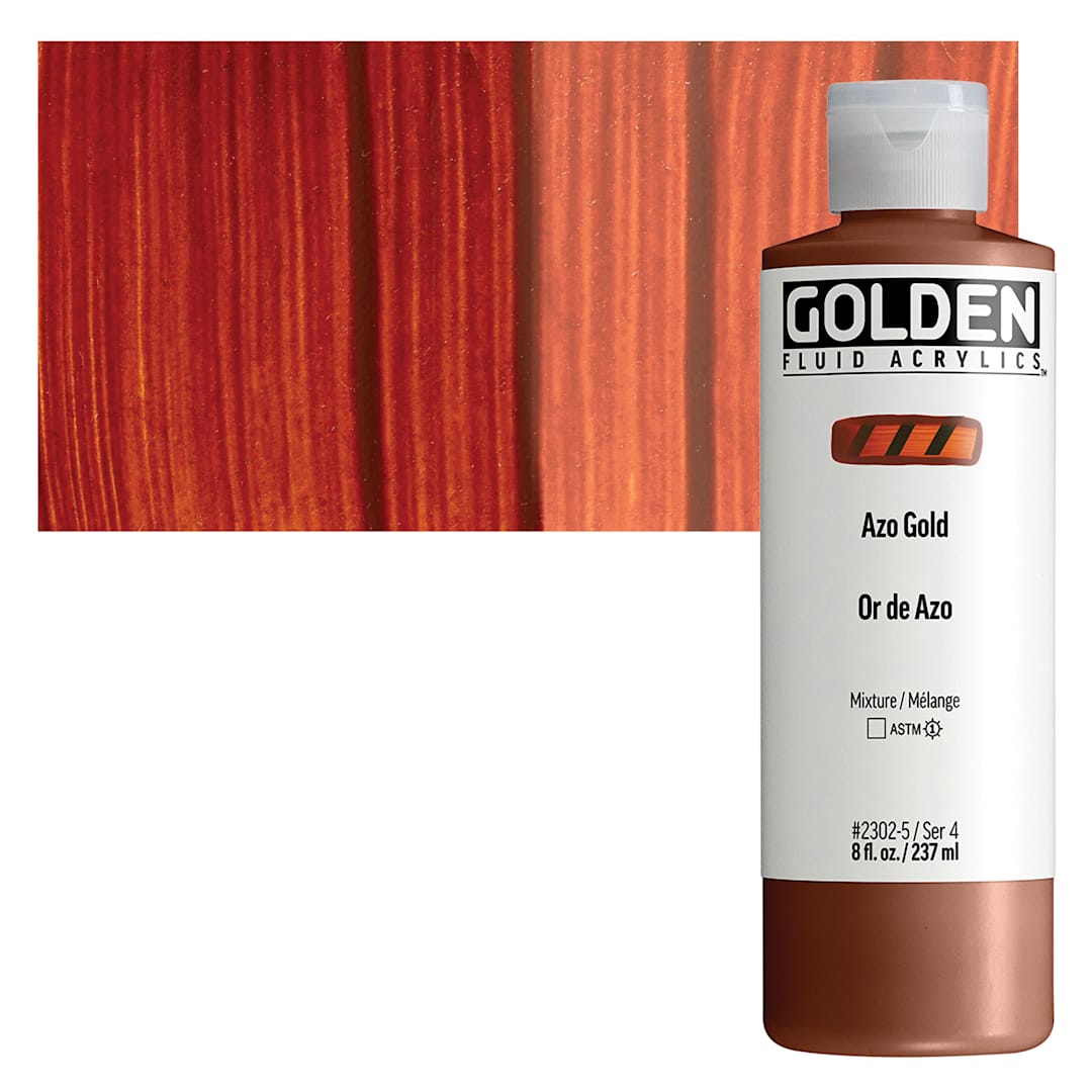 Open in modal - Golden Fluid Acrylic - Azo Gold, 8 oz bottle and swatch