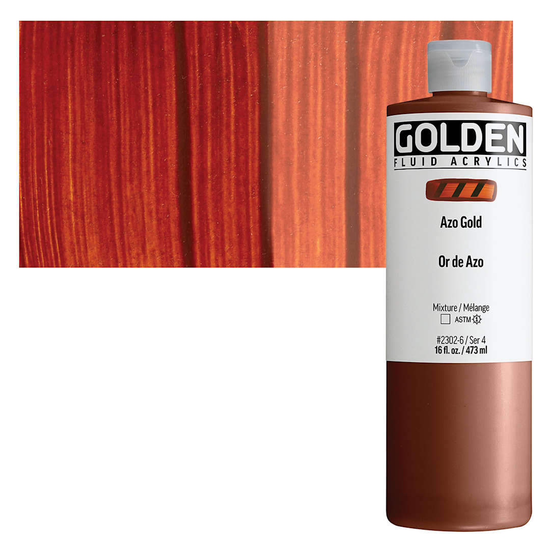 Open in modal - Golden Fluid Acrylic - Azo Gold, 16 oz bottle and swatch