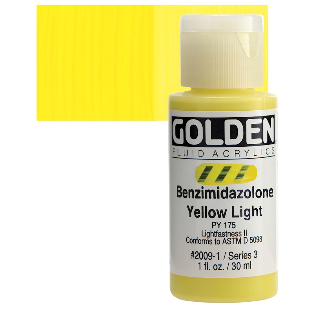 Open in modal - Golden Fluid Acrylic - Benzimidazolone Yellow Light, 1 oz bottle and swatch