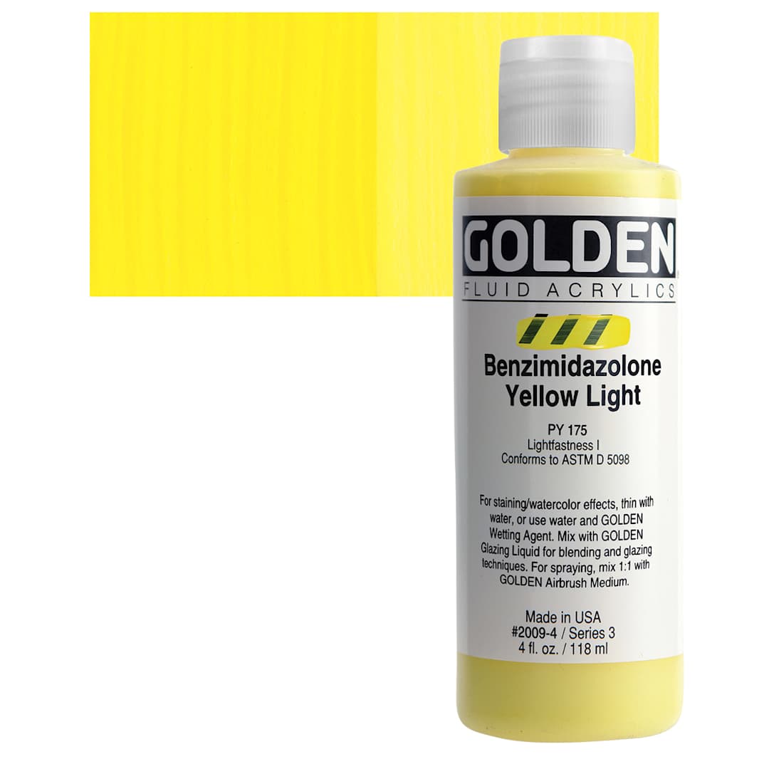 Open in modal - Golden Fluid Acrylic - Benzimidazolone Yellow Light, 4 oz bottle and swatch