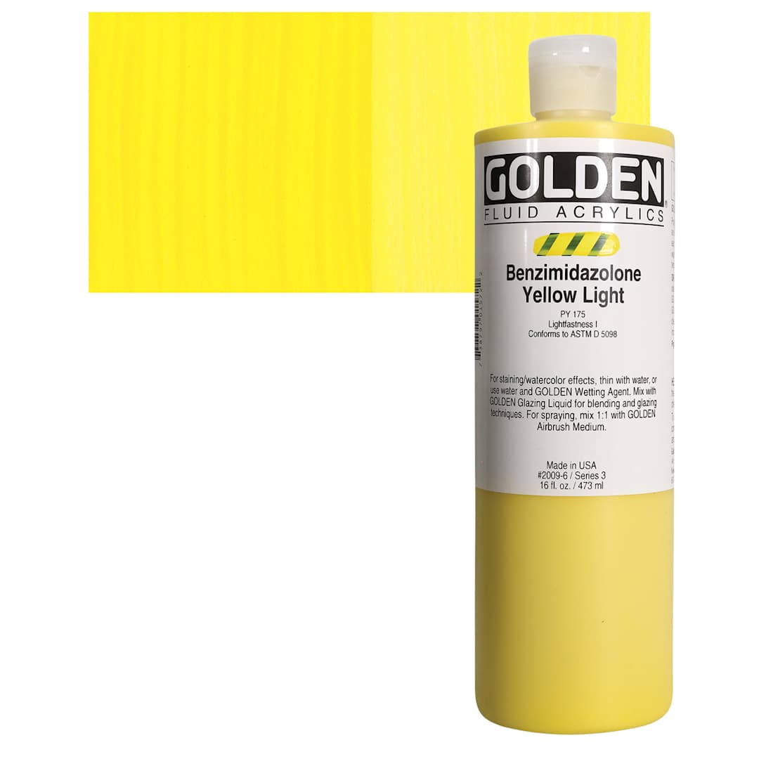Open in modal - Golden Fluid Acrylic - Benzimidazolone Yellow Light, 16 oz bottle and swatch