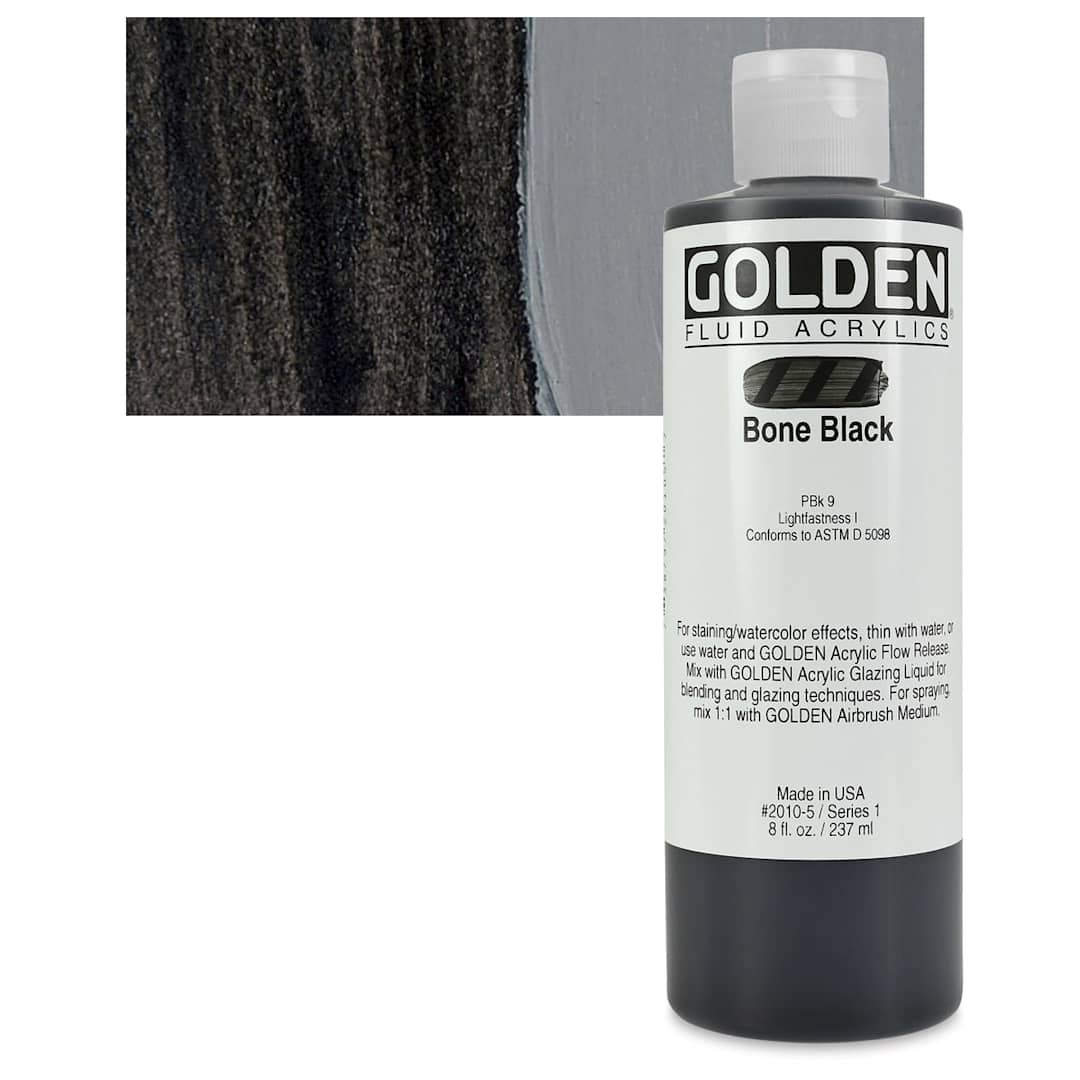 Open in modal - Golden Fluid Acrylic - Bone Black, 8 oz bottle and swatch