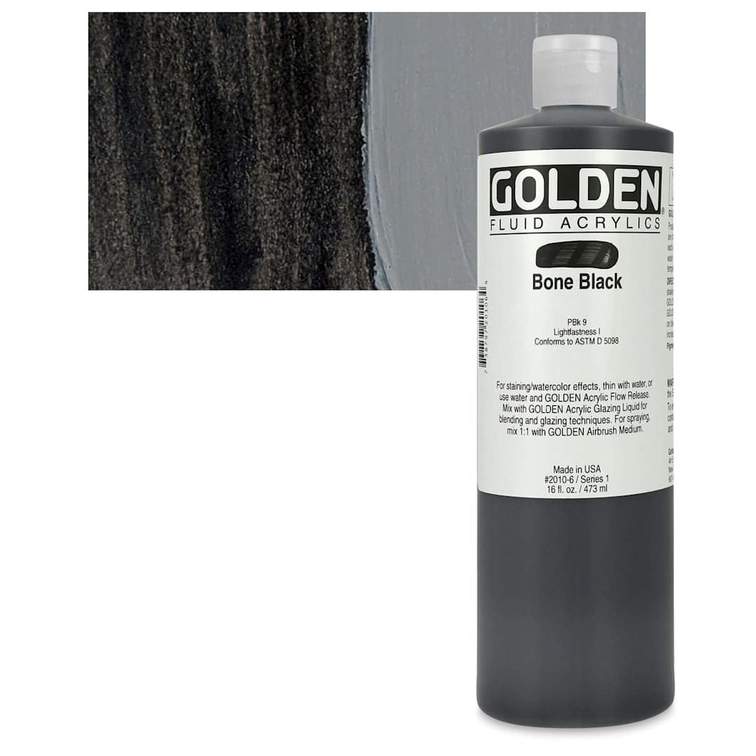 Open in modal - Golden Fluid Acrylic - Bone Black, 16 oz bottle and swatch