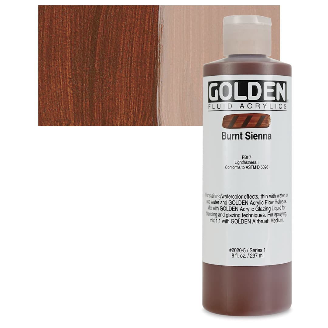 Open in modal - Golden Fluid Acrylic - Burnt Sienna, 8 oz bottle and swatch