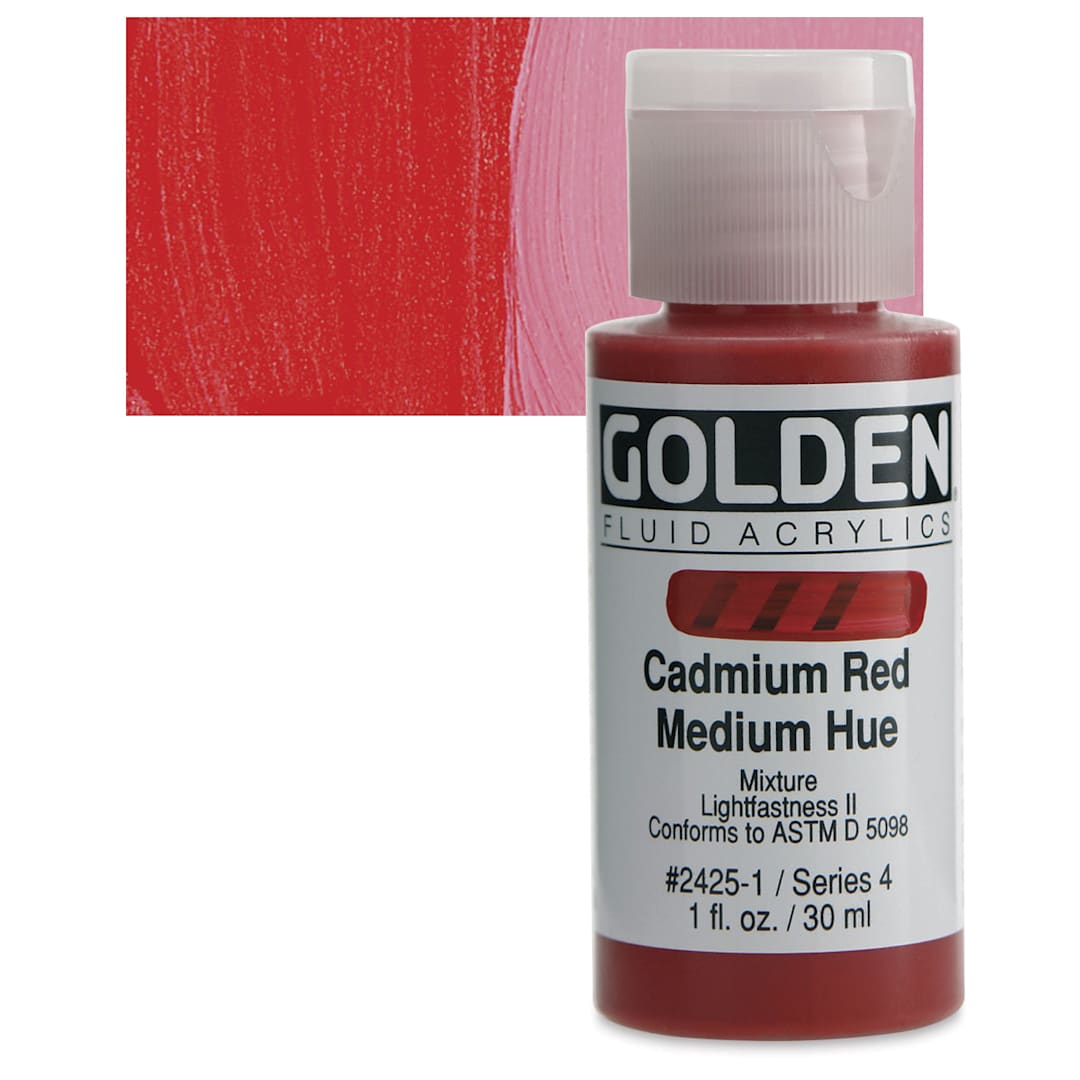 Open in modal - Golden Fluid Acrylic - Cadmium Red Medium Hue, 1 oz bottle and swatch
