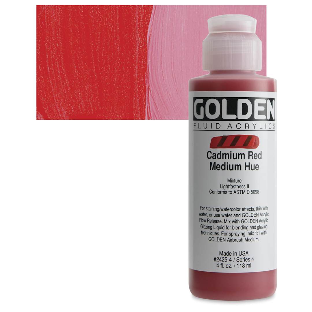 Open in modal - Golden Fluid Acrylic - Cadmium Red Medium Hue, 4 oz bottle and swatch