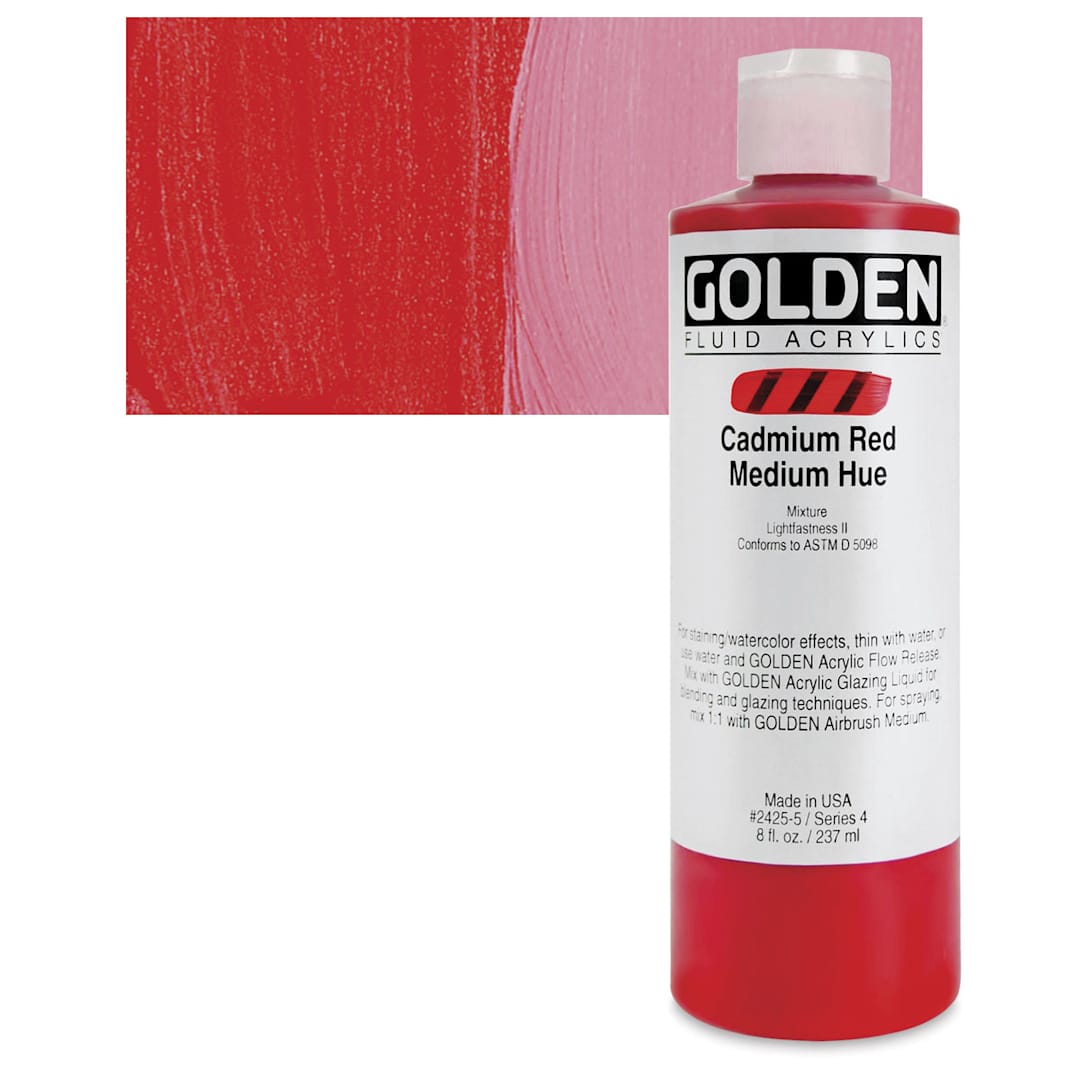 Open in modal - Golden Fluid Acrylic - Cadmium Red Medium Hue, 8 oz bottle and swatch