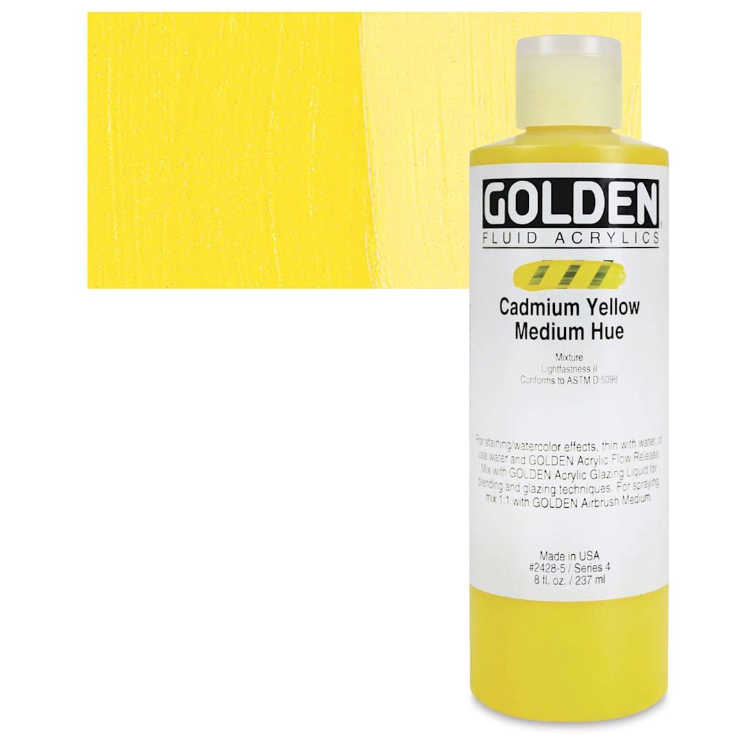 Open in modal - Golden Fluid Acrylic - Cadmium Yellow Medium Hue, 8 oz bottle and swatch