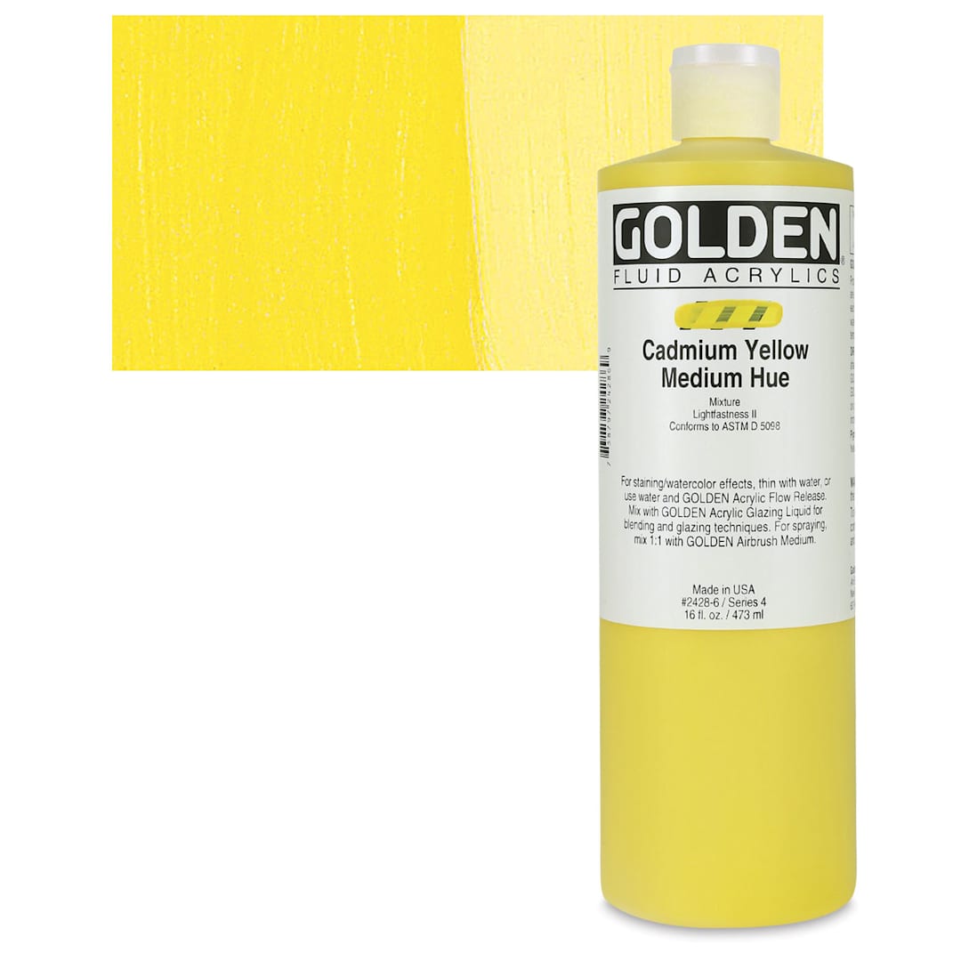 Open in modal - Golden Fluid Acrylic - Cadmium Yellow Medium Hue, 16 oz bottle and swatch