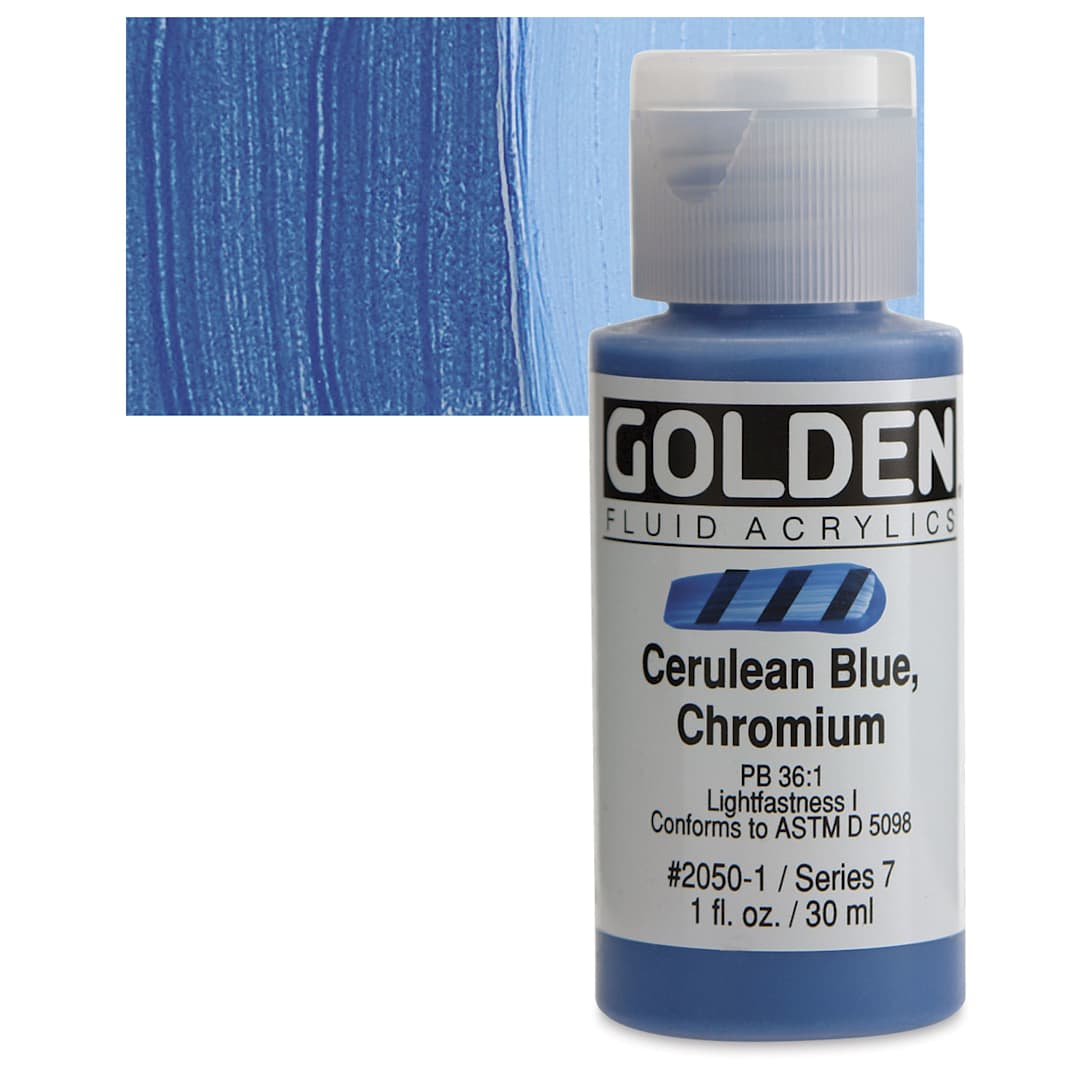 Open in modal - Golden Fluid Acrylic - Cerulean Blue Chromium, 1 oz bottle and swatch