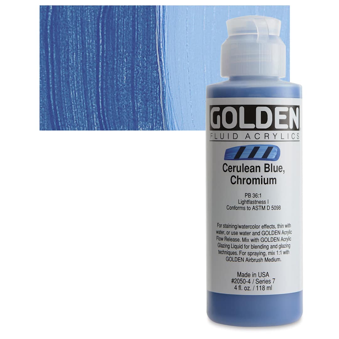 Open in modal - Golden Fluid Acrylic - Cerulean Blue Chromium, 4 oz bottle and swatch