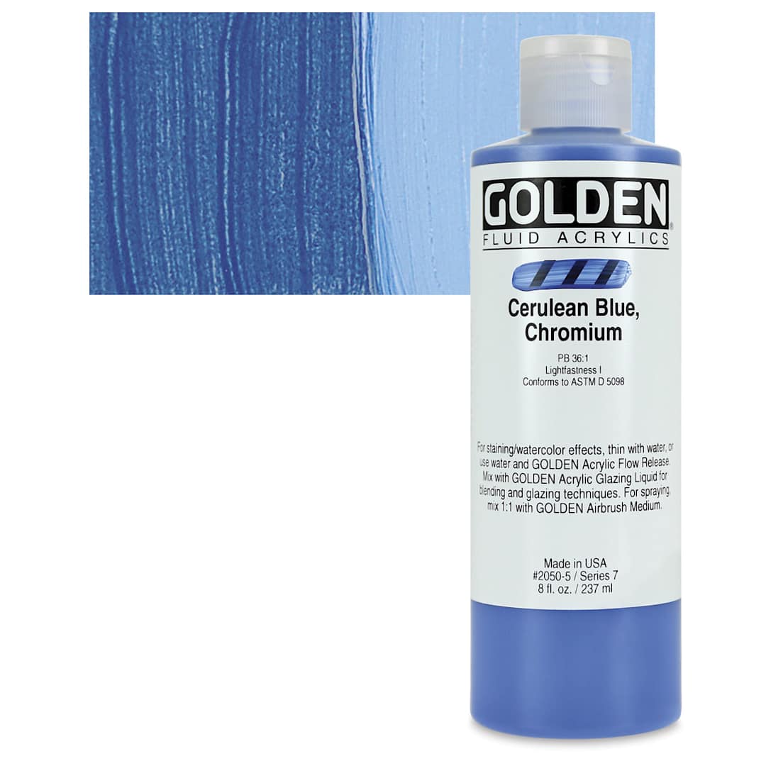 Open in modal - Golden Fluid Acrylic - Cerulean Blue Chromium, 8 oz bottle and swatch