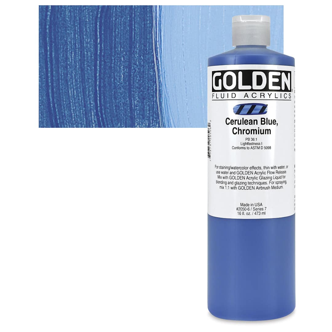 Open in modal - Golden Fluid Acrylic - Cerulean Blue Chromium, 16 oz bottle and swatch