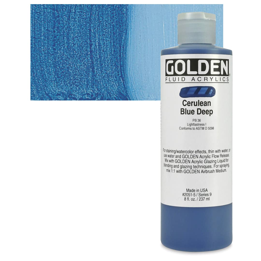 Open in modal - Golden Fluid Acrylic - Cerulean Blue Deep, 8 oz bottle and swatch