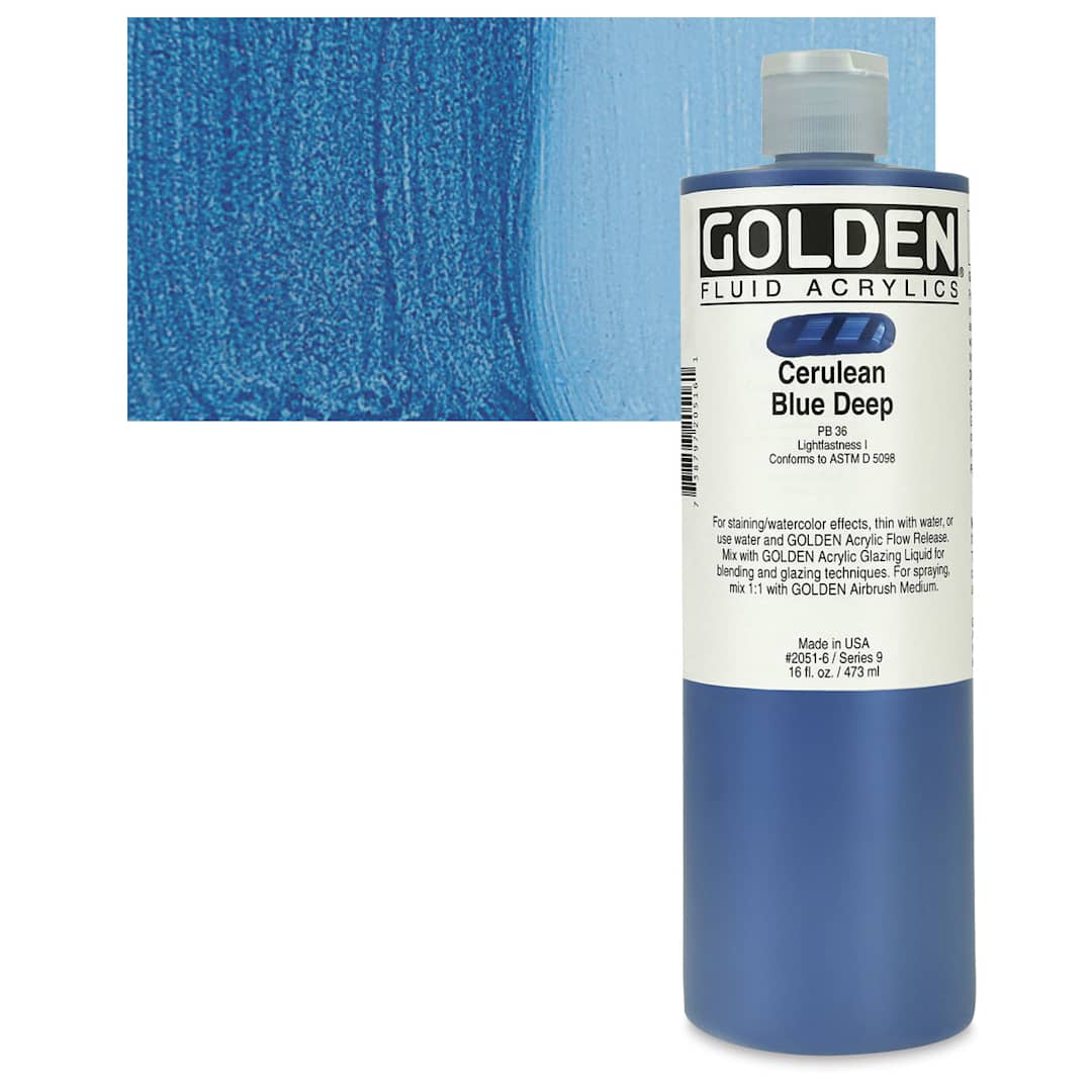Open in modal - Golden Fluid Acrylic - Cerulean Blue Deep, 16 oz bottle and swatch
