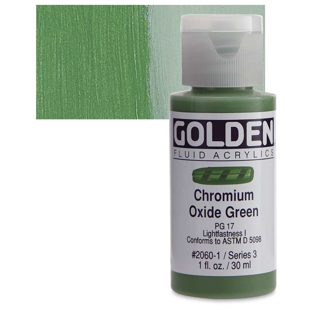 Open in modal - Golden Fluid Acrylic - Chromium Oxide Green, 1 oz bottle and swatch