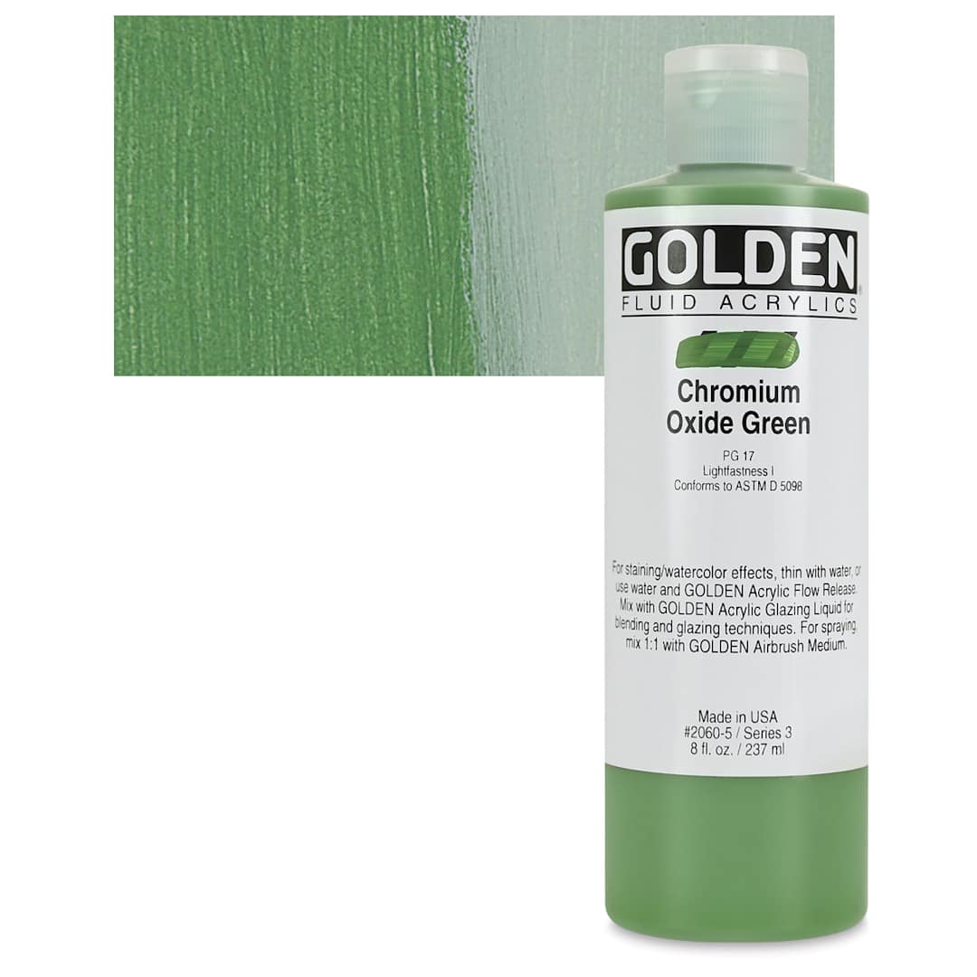 Open in modal - Golden Fluid Acrylic - Chromium Oxide Green, 8 oz bottle and swatch