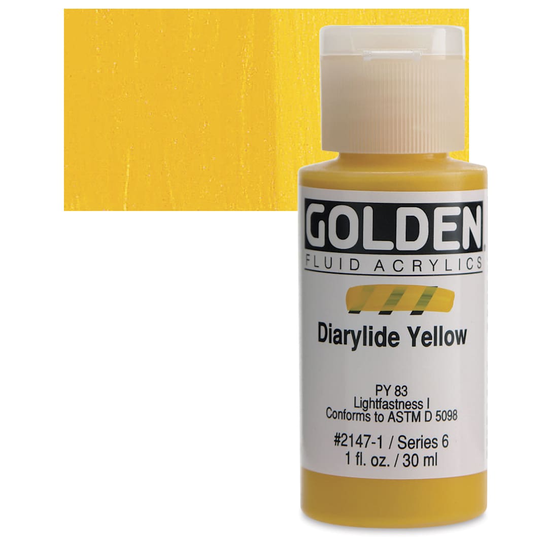 Open in modal - Golden Fluid Acrylic - Diarylide Yellow, 1 oz bottle and swatch