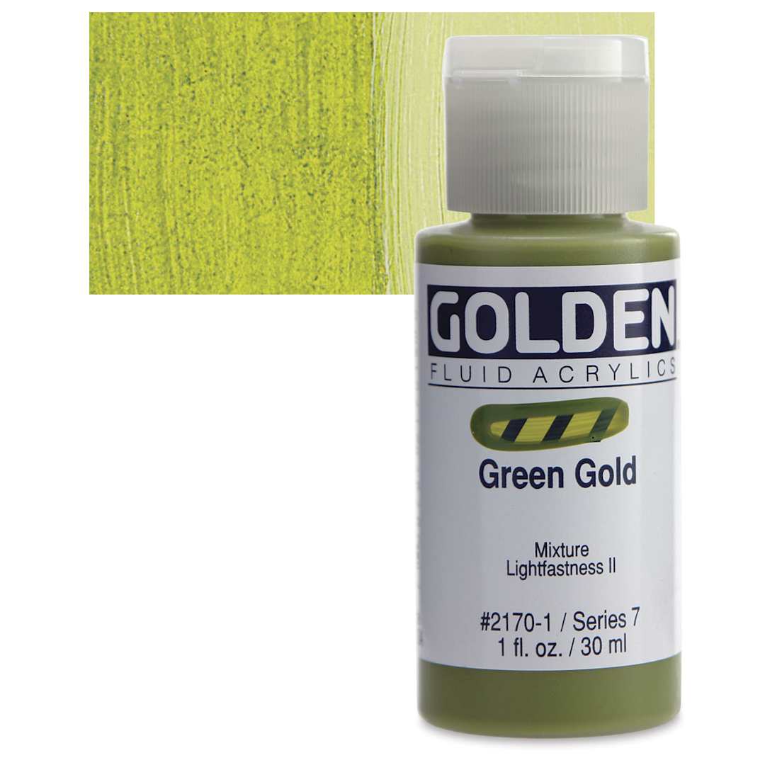 Open in modal - Golden Fluid Acrylic - Green Gold, 1 oz bottle and swatch
