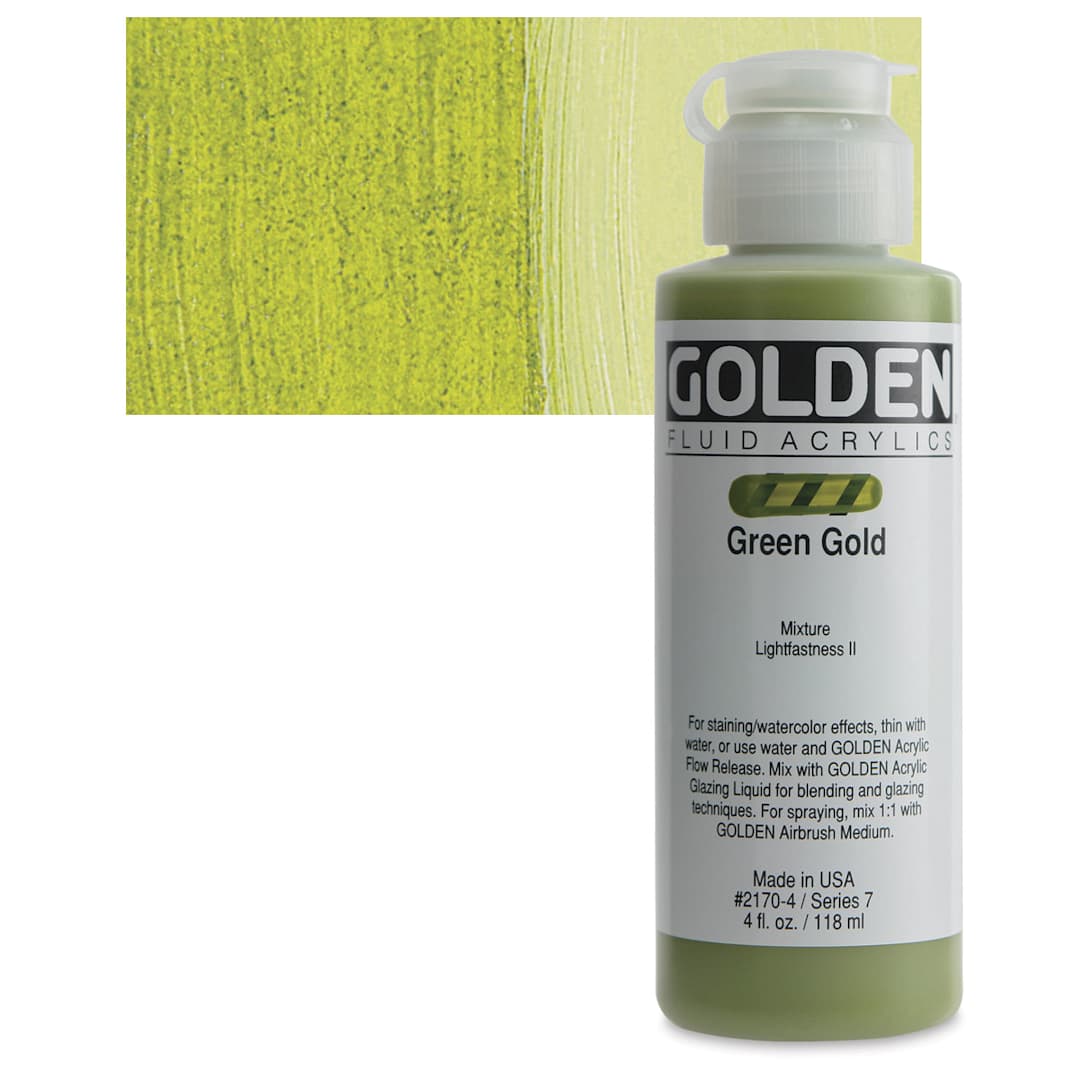 Open in modal - Golden Fluid Acrylic - Green Gold, 4 oz bottle and swatch
